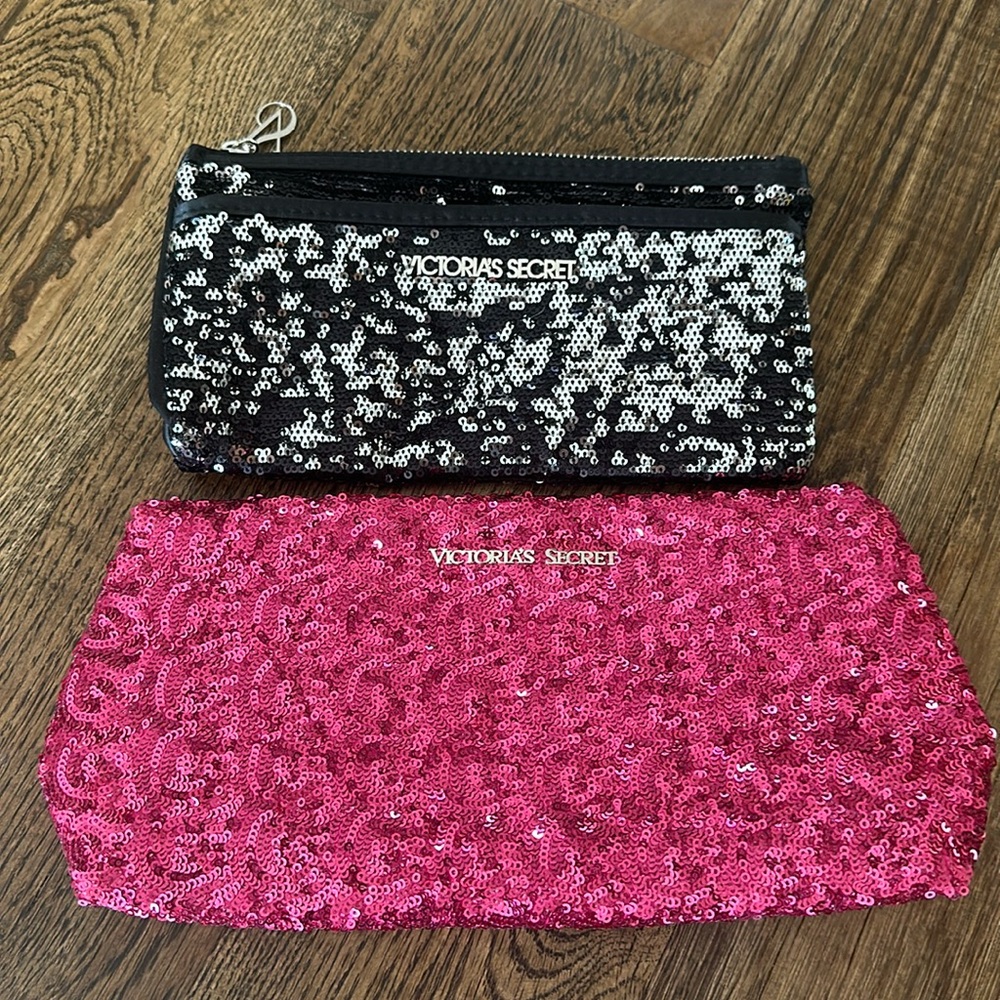 VICTORIAS SECRET Makeup Cosmetic Bags SEQUIN 2 Piece!! NWT